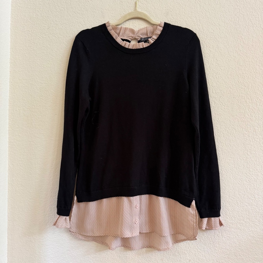 Adrianna Papell Black Sweater Mixed Media Polka Dot Layered Top Pink Ruffle M